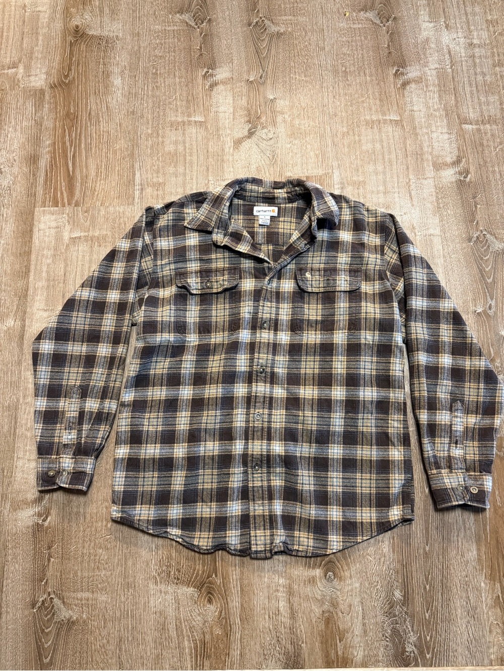 Carhartt Men’s Large L Flannel Plaid Shirt Brown Blue Tan 100% Cotton Workwear